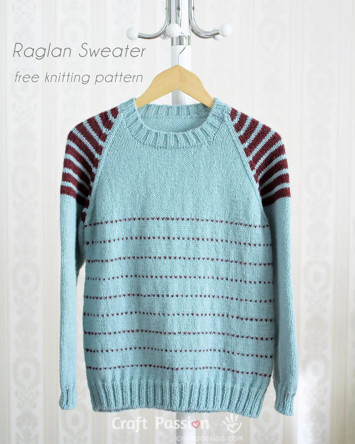Free knitting pattern of Raglan Sweater with stripes on the raglan sleeves in 6 sizes. Design style unisex sweater, perfect for both men & women.