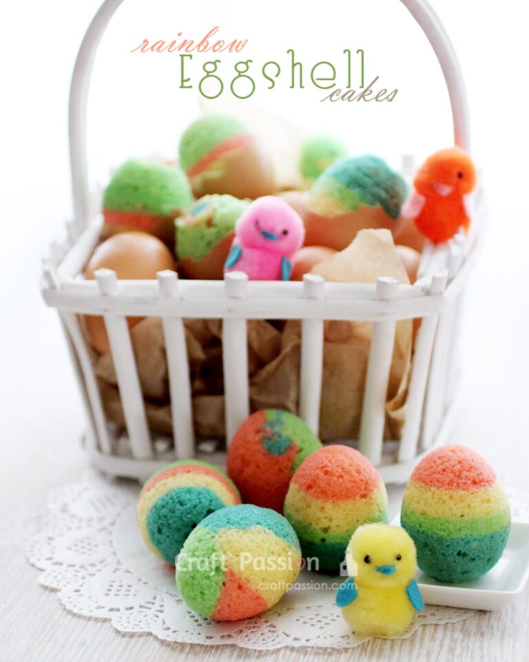 Bake quick Easter cakes using eggshells. Mix batter with various colors for colorful mini rainbow cakes. Kids can crack them open on Easter Day.
