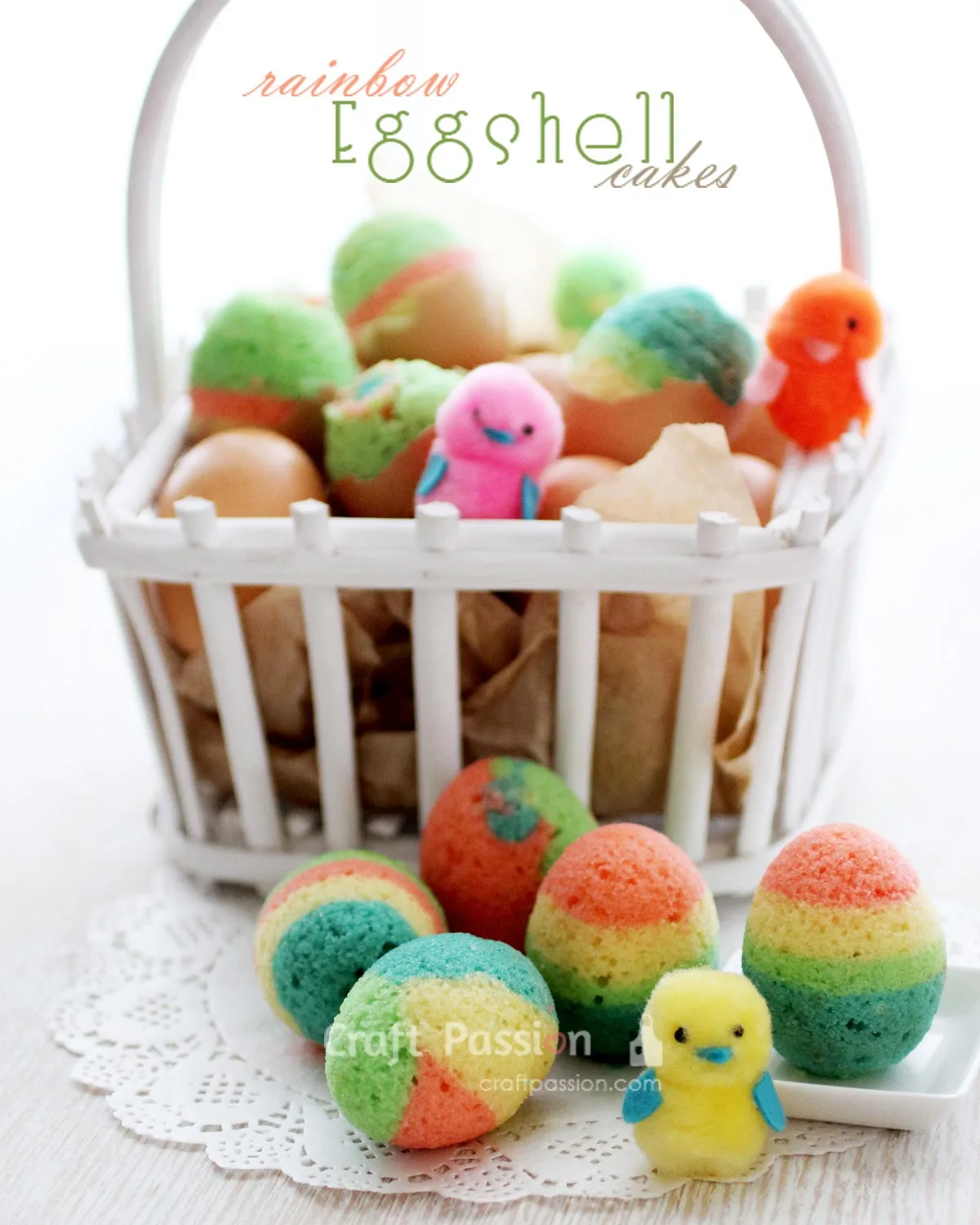 Bake quick Easter cakes using eggshells. Mix batter with various colors for colorful mini rainbow cakes. Kids can crack them open on Easter Day.