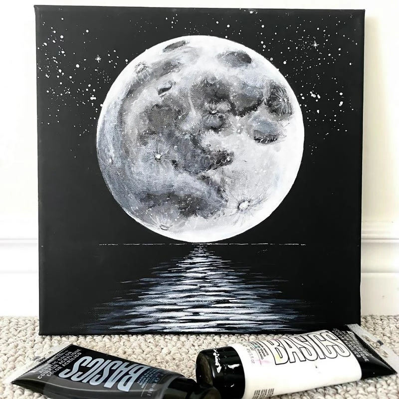 This Moon Acrylic Painting will illuminate your walkways and hallways. It speaks about the beauty of the moon's soft glow as it floats peacefully in space along with twinkly stars. Learn to paint it!