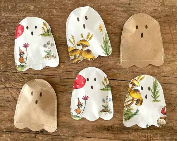 These adorable ghost-shaped treat bags are perfect for stuffing with small candy and little gifts for Halloween! They&rsquo;re a fun way to use scraps of paper and upcycled materials, like leftover wrapping paper. Sewn with cotton thread or glued, these bags are eco-friendly and charming!