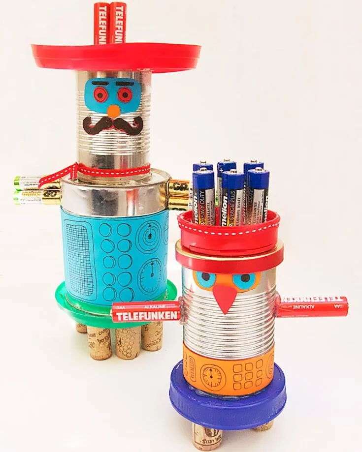 Here is another fun and creative idea to make with your kids at home or as a school project! With just some tin cans, old and worn-out batteries, and some corks, you can make your very own version of this craft.
