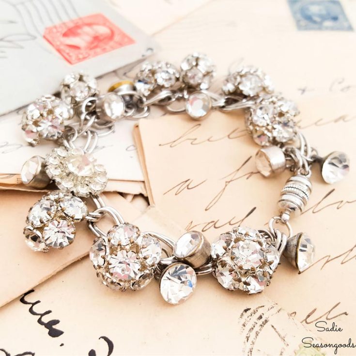 Looking for something shiny to add to your jewelry collection? Have a look at this rhinestone charm bracelet crafted with vintage rhinestone buttons. This bracelet will elevate and add glamor to your outfit for a night out.