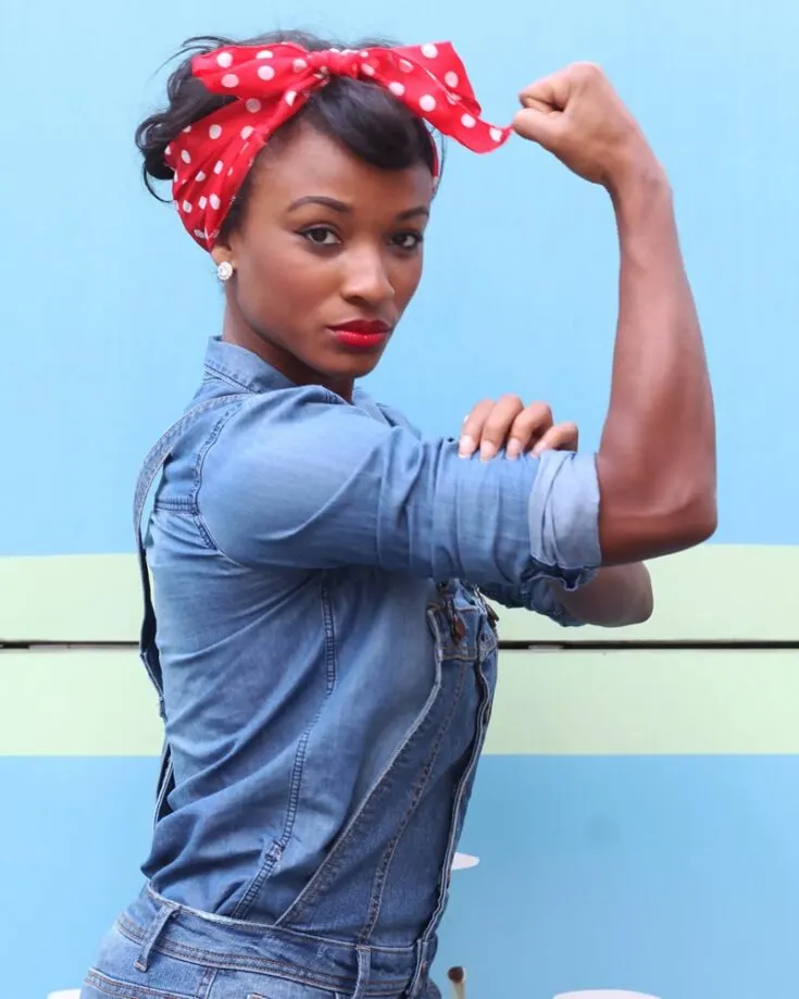 Learn to make this DIY Rosie the Riveter costume! Embrace strength and courage as you embody the true symbol of femininity. Rock the classic bandana and denim look.