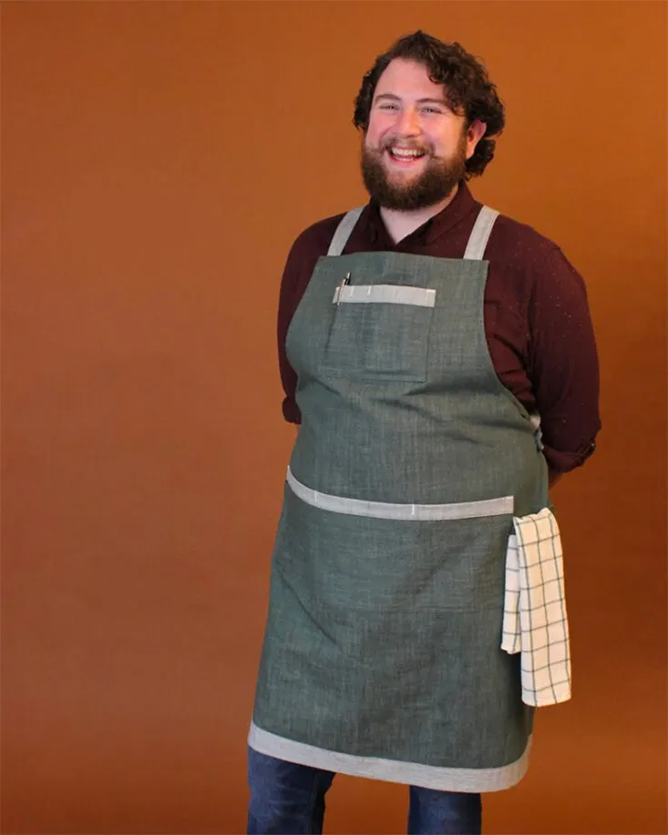 Check out the Sam Apron by Helen's Closet patterns! This free apron pattern is super inclusive as it contains sizing and even height adjustments so you could customize this for anyone. With a cross-back and halter neck option, you could choose whichever's best for you and them!