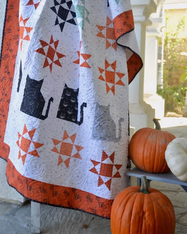 Let&rsquo;s get on with the patterns made for purchase! Starting off is this spooky Scaredy Cat Quilt pattern on Etsy. It&rsquo;s an intermediate-level, layer cake friendly project constructed using Ohio Star and Cat Blocks. The finished size measures 66&rdquo; x 79&rdquo;.
