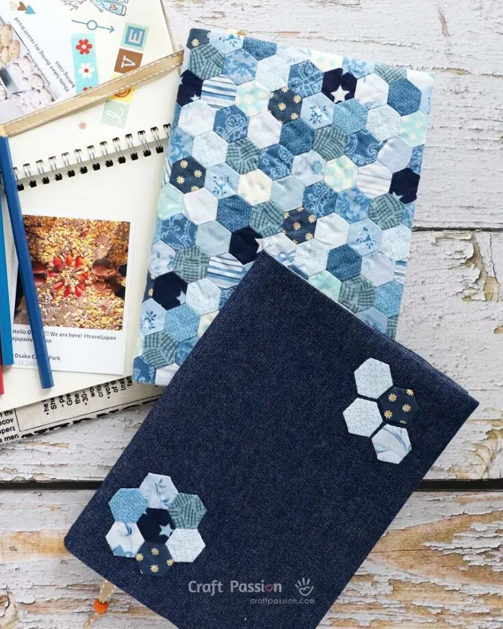 With your English Paper Piecings mastered, you can give this book cover pattern a try! You can use those EPPs as decoration with an applique technique, or make the piecings the cover itself.