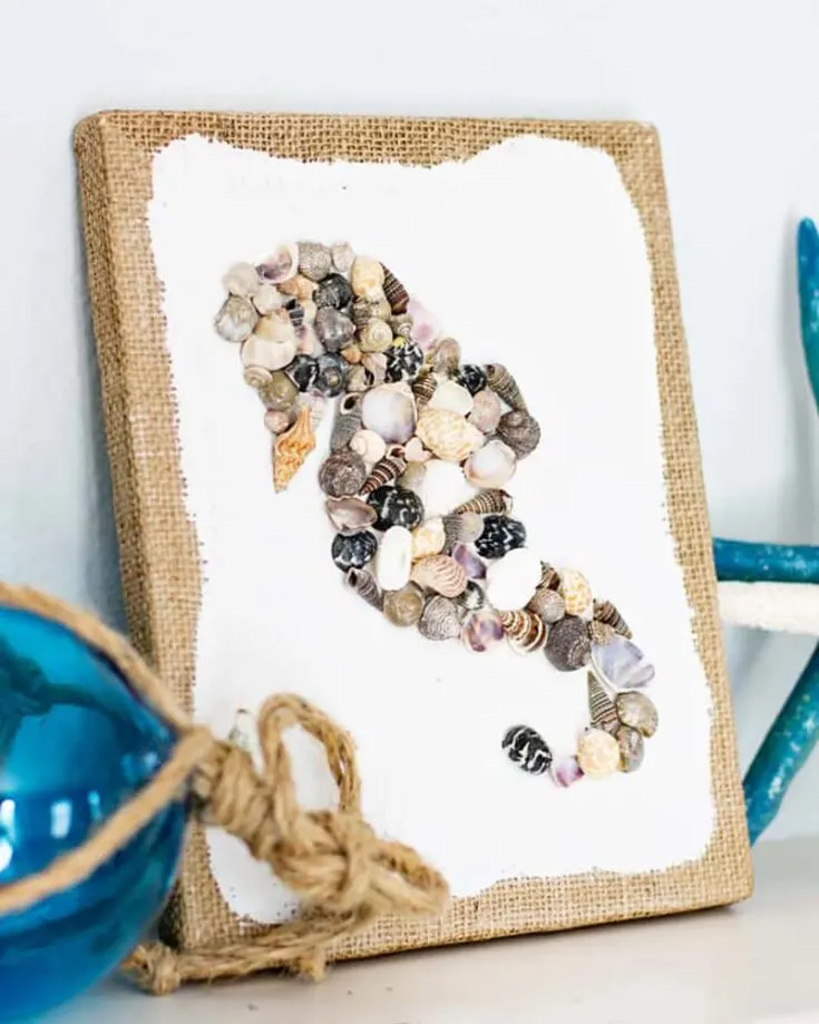 Design a delightful seashell seahorse by arranging and gluing seashells onto a printed template. This project is simple and flexible as you can easily swap the seahorse for another design if you prefer. For a rustic touch, consider adding a burlap fabric edge, or take it up a notch by framing your seashell art!