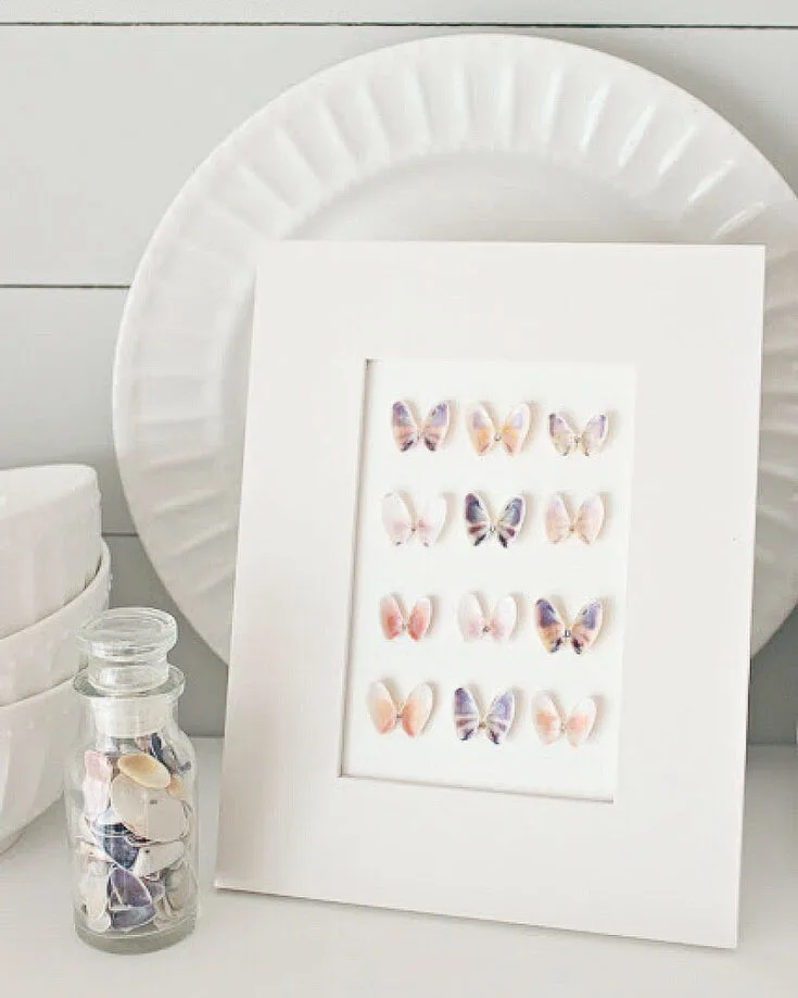 This easy seashell art project is a great way to keep those sunny memories fresh in your home! Gather butterfly Coquina shells from your beach trip and arrange them on scrapbook or watercolor paper in a picture frame for a beautiful and creative craft.