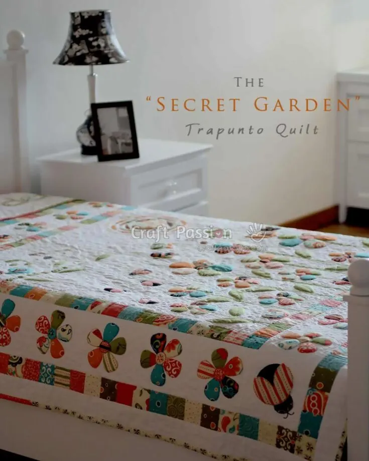 If you're looking to make a quilt for someone special, give this design a try! It uses trapunto quilting, which results in a gorgeous puffy look that brings attention to the applique on the quilt! This pattern is separated into 5 sections, from how to applique each design to piecing it all together. All of the detials can be found in the article. The final dimensions are 62" wide x 86" long.