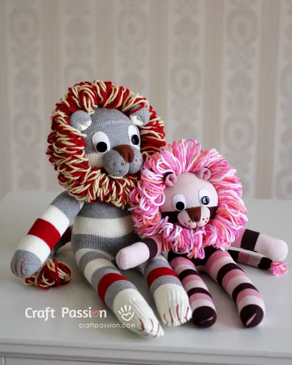 sewing stuffed lion doll with socks
