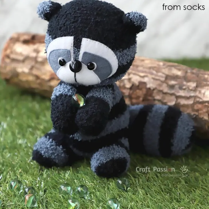 Sew Sock Raccoon stuffed animal from a pair of striped microfiber chenille socks. About 8