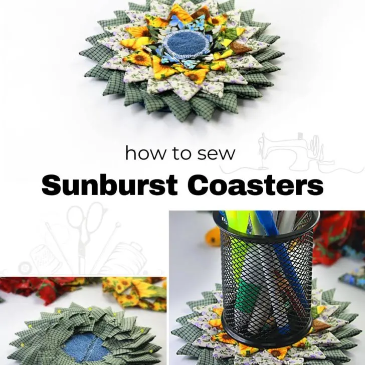 Learn how to sew a sunburst coaster with our sewing tutorial. Adapt this fabric scrap-buster triangle fold coaster method to make a larger rug.