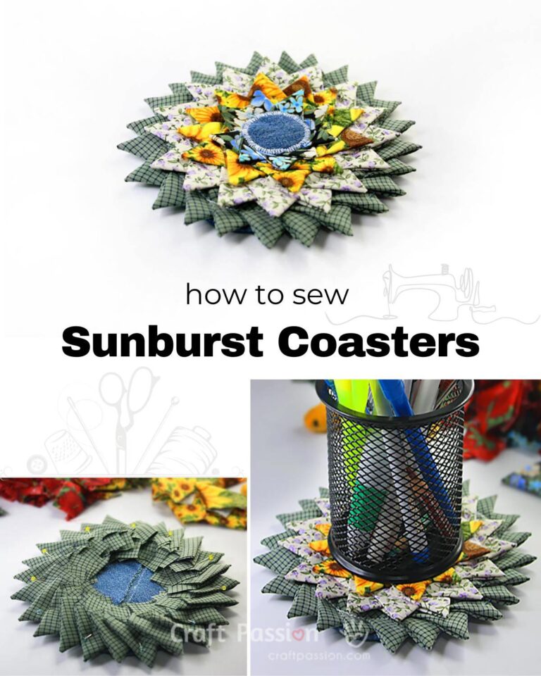 Learn how to sew a sunburst coaster with our sewing tutorial. Adapt this fabric scrap-buster triangle fold coaster method to make a larger rug.