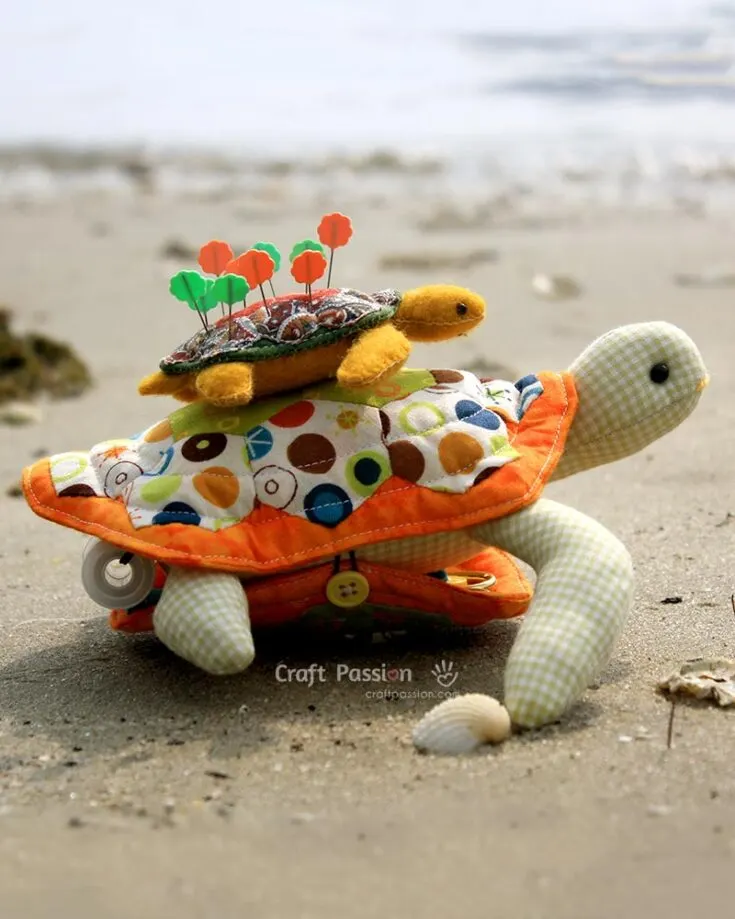 This turtle was designed as a pin cushion, but size up the pattern and you can turn this into a turtle plushie of your own. Its shell uses a basic hexagon quilting technique that creates this unique pattern. It's also a great way to use up scraps of cloth you have lying around!