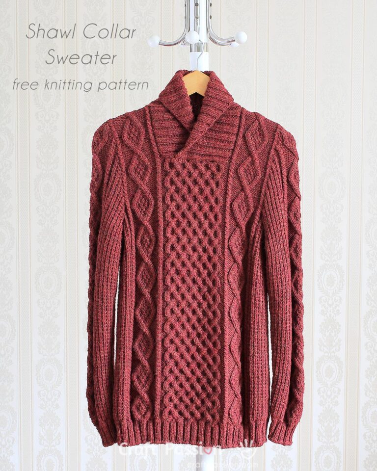 Free knitting pattern of Shawl Collar sweater in 6 sizes: 32 - 52" chest measurements A trendy designer grade unisex pattern for both men & women.