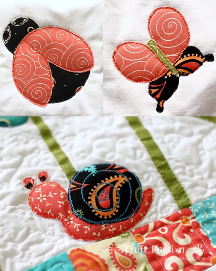 Here's another adorable collection of insect appliques from our gorgeous Secret Garden Quilt Pattern! Aren't they adorable? Just like the previous two applique patterns, this could be completed with an applique fusible web by ironing the pieces down on the base.