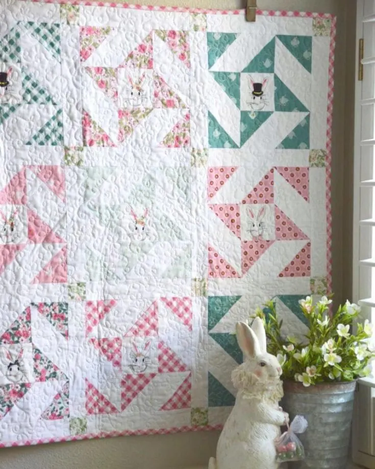 Want a cute little snuggle bunny companion for your precious little one? Then, try quilting this adorable bunny-themed baby quilt that is perfect for newborns, as the size of the quilt is 32&rdquo; x 32&rdquo;. Not only does the designs on the quilt add a playful touch to your baby&rsquo;s nursery, but it is also perfect for Spring decor!