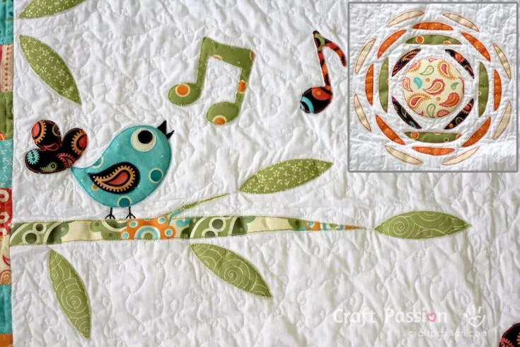 Here's an applique pattern that encapsulates the tender nature of springtime. This songbird, tree, and sun applique pattern also came from our Secret Garden Quilt Pattern! The pattern template design gives this applique a whimsical style that would fit right in any child's blanket.