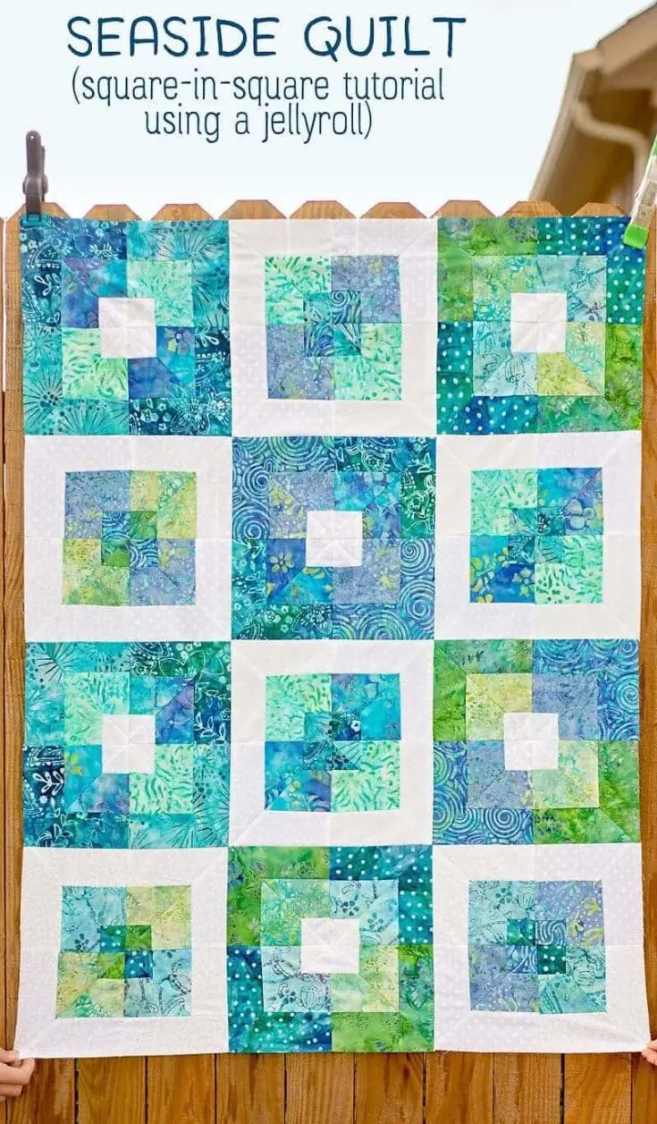 Don't you love the mystical illusion of square-in-a-square quilt block patterns? This Seaside Squares quilt tutorial from Jamie utilizes jelly rolls to produce this dimensional pattern. Do note that a triangle square-up ruler was used in this tutorial.