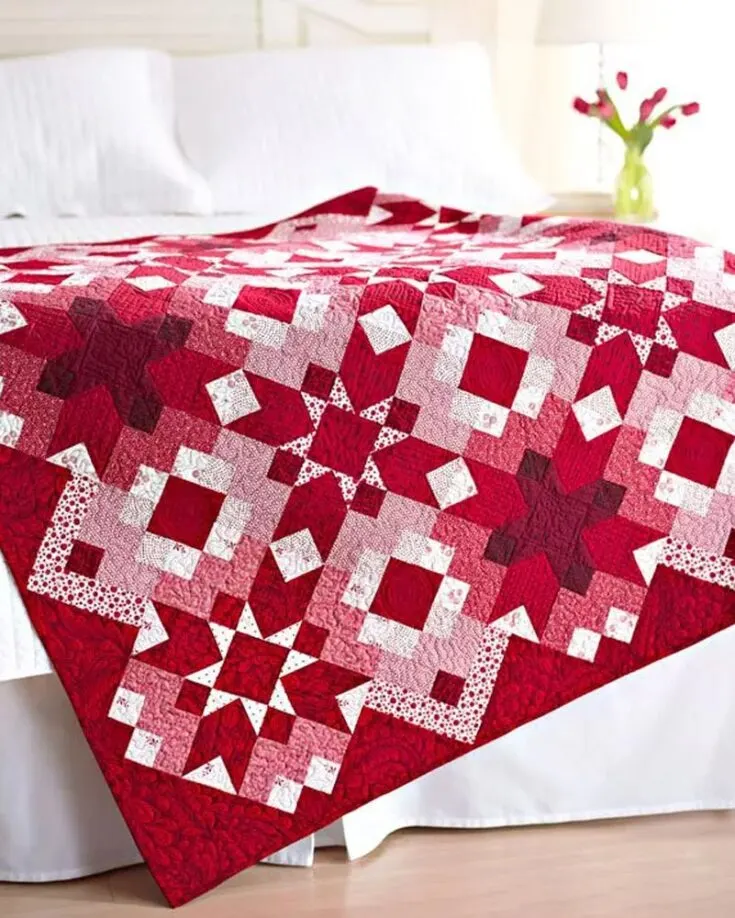 Don&rsquo;t you just love how romantic this quilt looks? Make it a gift for Valentine&rsquo;s Day for that special someone by following the easy step-by-step instructions. This quilt is made with a captivating assortment of red and white fabrics to create a visually pleasing, modern, and classic impact. Whether draped over a couch or hung on a wall as a statement piece, it&rsquo;s a pattern you do not want to miss. It measures up to 51 &frac12;&rdquo; x 51 &frac12;&rdquo;.