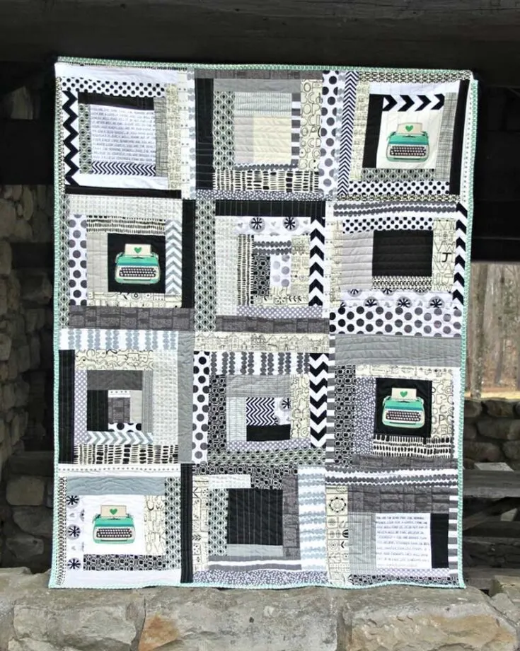Check out this unique typography quilt pattern that is just too irresistible not to include. Want to know a secret? This quilt uses a simple typewriter applique at the center of the blocks to make the quilt stand out! Though low-loft batting is preferred, it is also optional. The finished size is a twin-sized quilt.&nbsp;