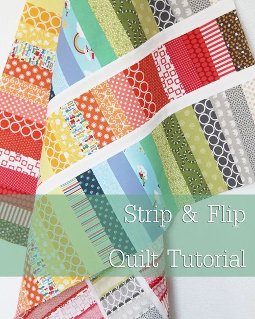 Check out this rainbow-colored strip and flip baby quilt! This 36" x 41" quilt utilizes 27 colored strips and 2 white strips of fabric but you're welcome to use jelly rolls instead if you've got some at hand!