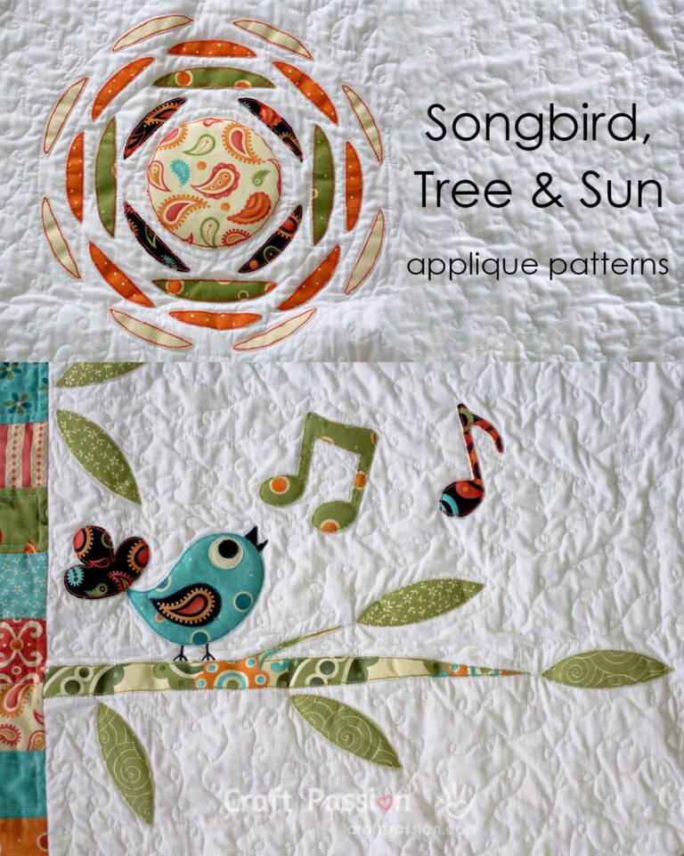Get the Songbird applique patterns along with Tree branch & Sun to complete the "Secret Garden" Quilt Blanket designed by Joanne Loh.