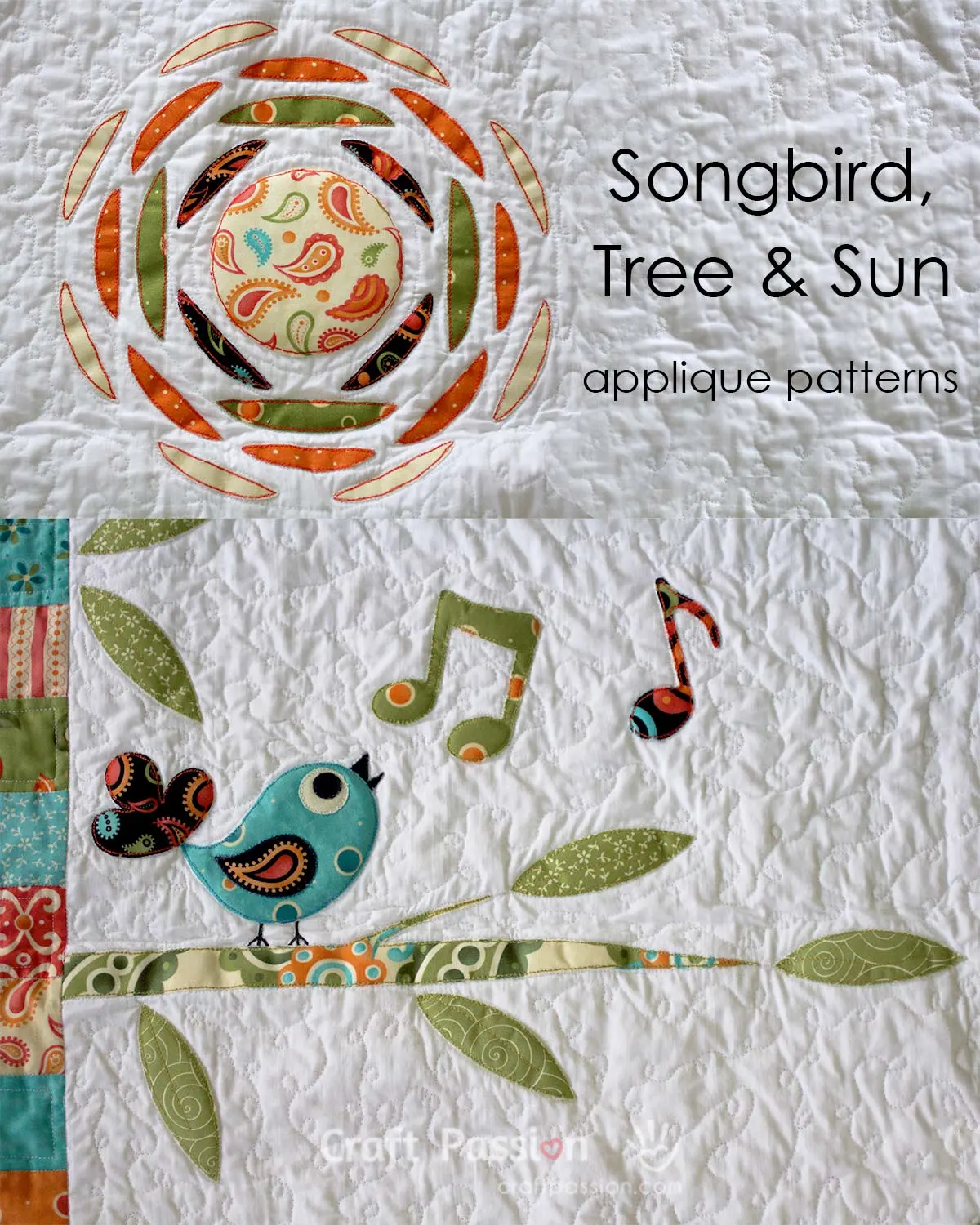 Get the Songbird applique patterns along with Tree branch & Sun to complete the "Secret Garden" Quilt Blanket designed by Joanne Loh.