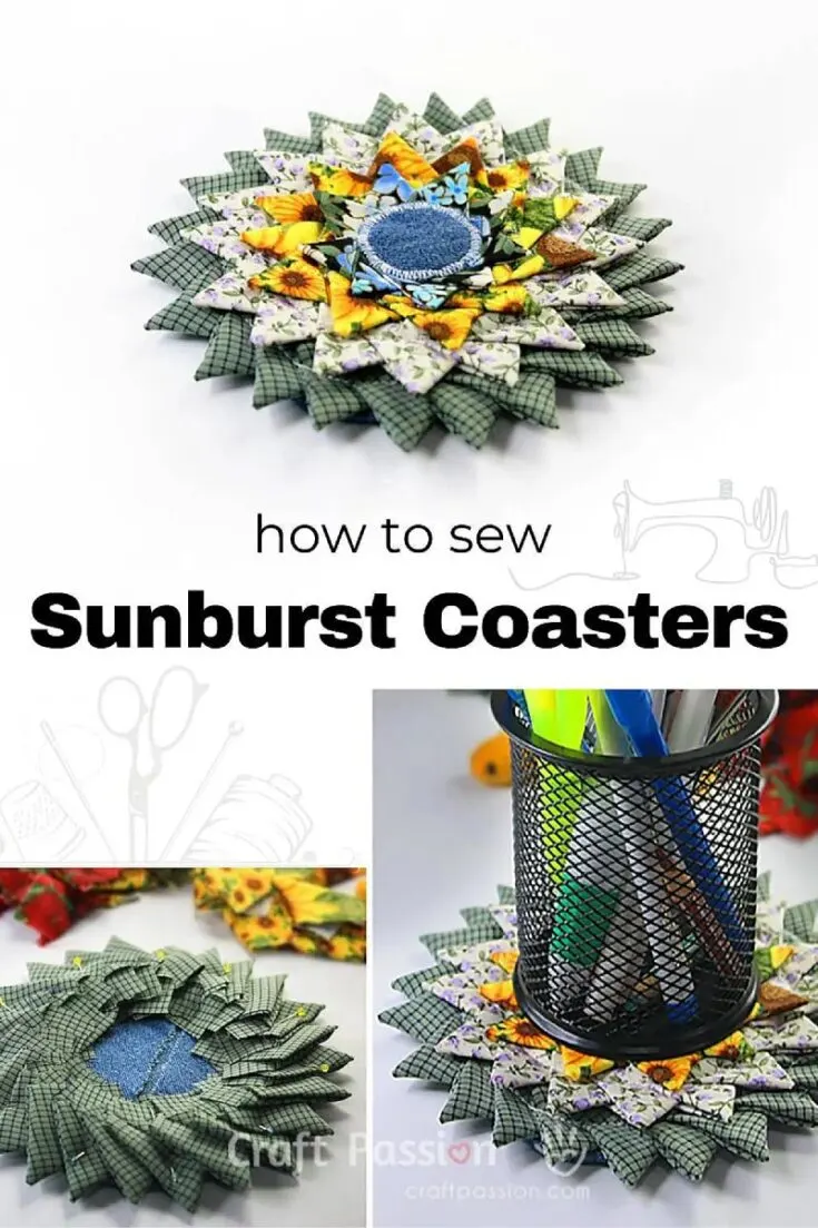 Don't have enough scraps to make a rug? Try this sunburst coaster! Using an iron and some patience, these scraps are folded into triangles and sewn into a fun coaster.