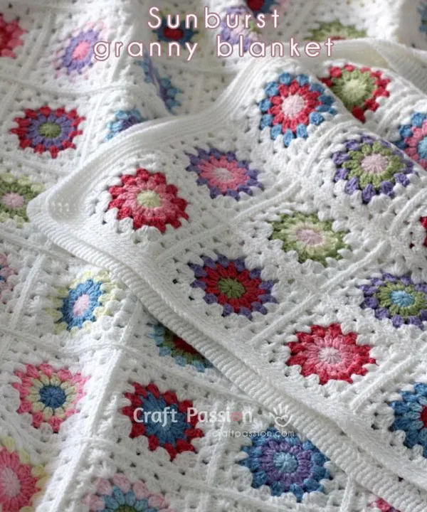 how to crochet sunburst granny square blanket