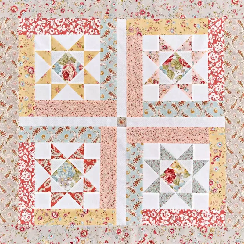 Composed of four star quilt blocks and pastel floral sparkles, this easy-to-make quilt is perfect for welcoming a newborn baby into the family. Featuring a lovely star pattern with soft, soothing colors, this quilt is a delight to make as it is comforting to be wrapped in. Ideal for quilters of all skill levels, the finished size of this baby quilt is 37&rdquo; x 37&rdquo;.