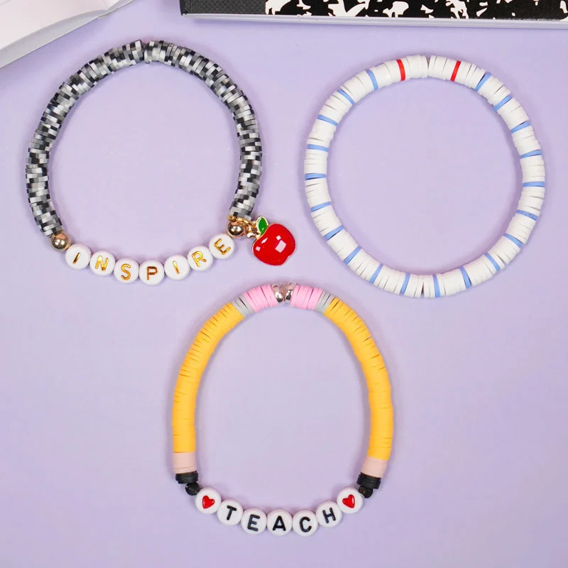 Here are some fun clay bead bracelet ideas to craft for your teachers during Teacher&rsquo;s Day. This DIY Teacher bracelet set that looks like pencils and notebooks with inspiring words will surely delight your teachers and show your appreciation to your favorite mentor.