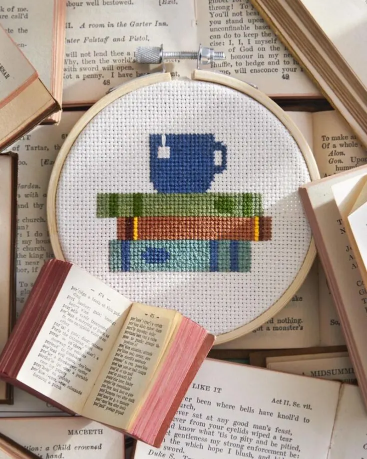 teacup and books free cross stitch pattern