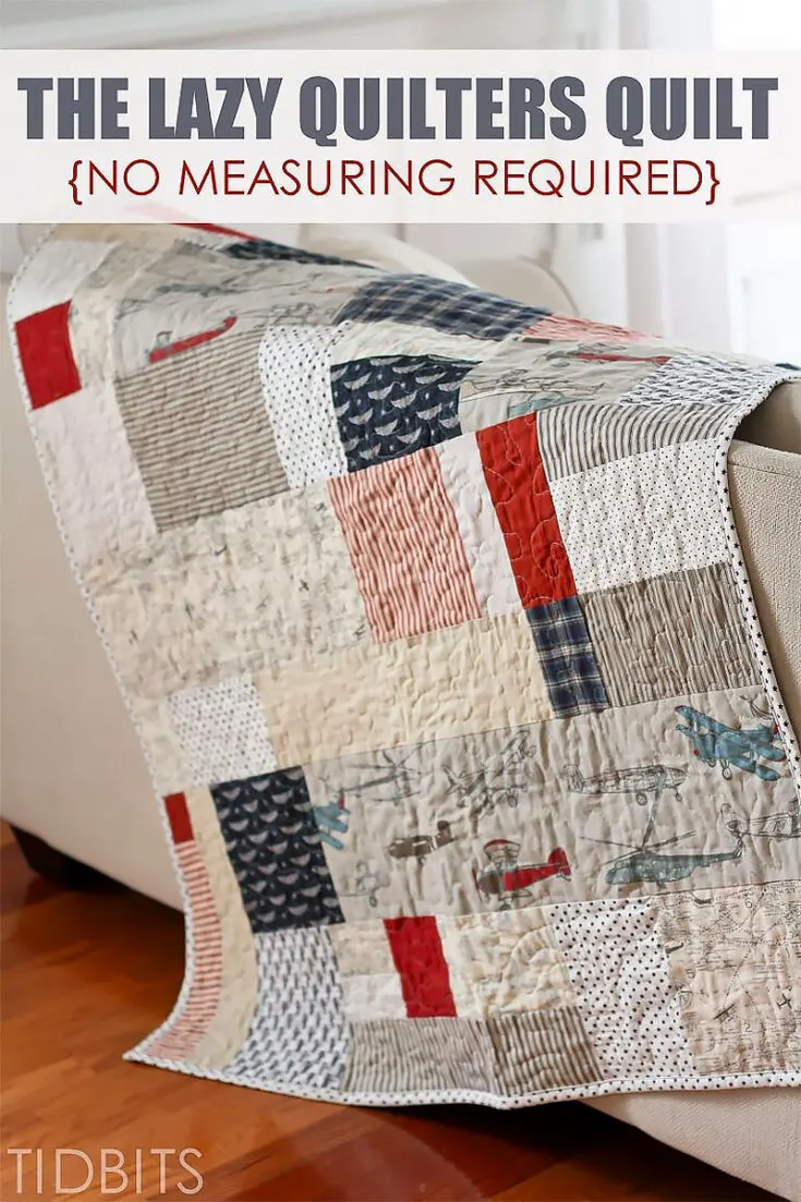 If measuring and cutting fabrics piece by piece is too taxing for you, here's a Lazy Quilters Easy Quilt from Cami! All you need to do is arrange your patches as you like and start sewing the pieces together strip by strip and slicing off the uneven corners as you go. The layers are held together by a stipple stitch!