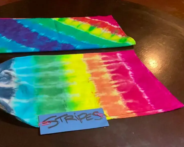 Striped tie-dye patterns can be horizontal, vertical, or diagonal, depending on how you fold and tie them. They can be created in any combination of colors, from dark to light, rainbow, or pastel.