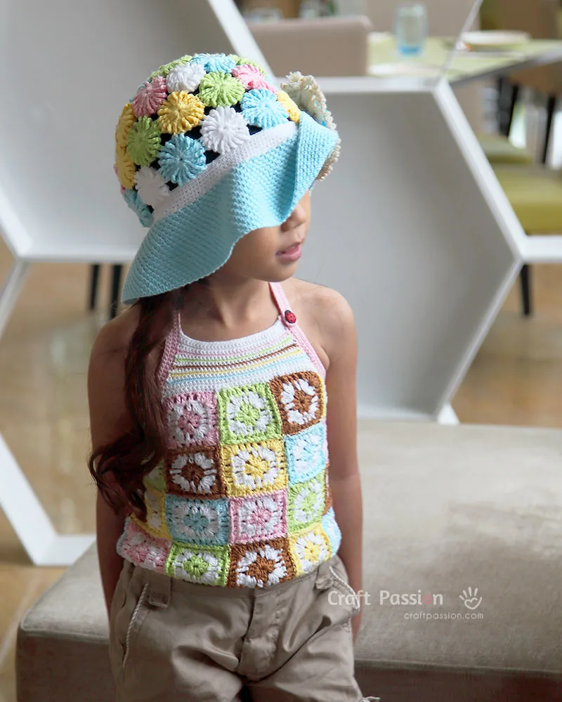 free pattern to make beautiful crochet girl hat with treble crochet stitch puff