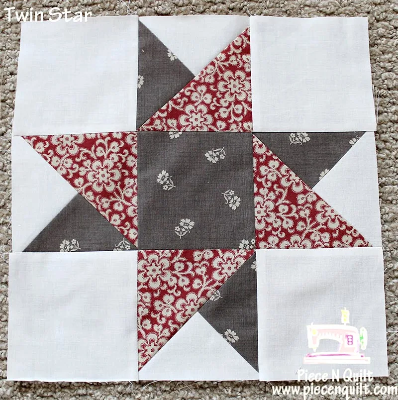 This Twin Star Quilt Block resembles stacking up a friendship star together to build an 8-point star. The method is similar to the friendship star, but it takes an additional step to make the split quarter-square triangle (SQST).