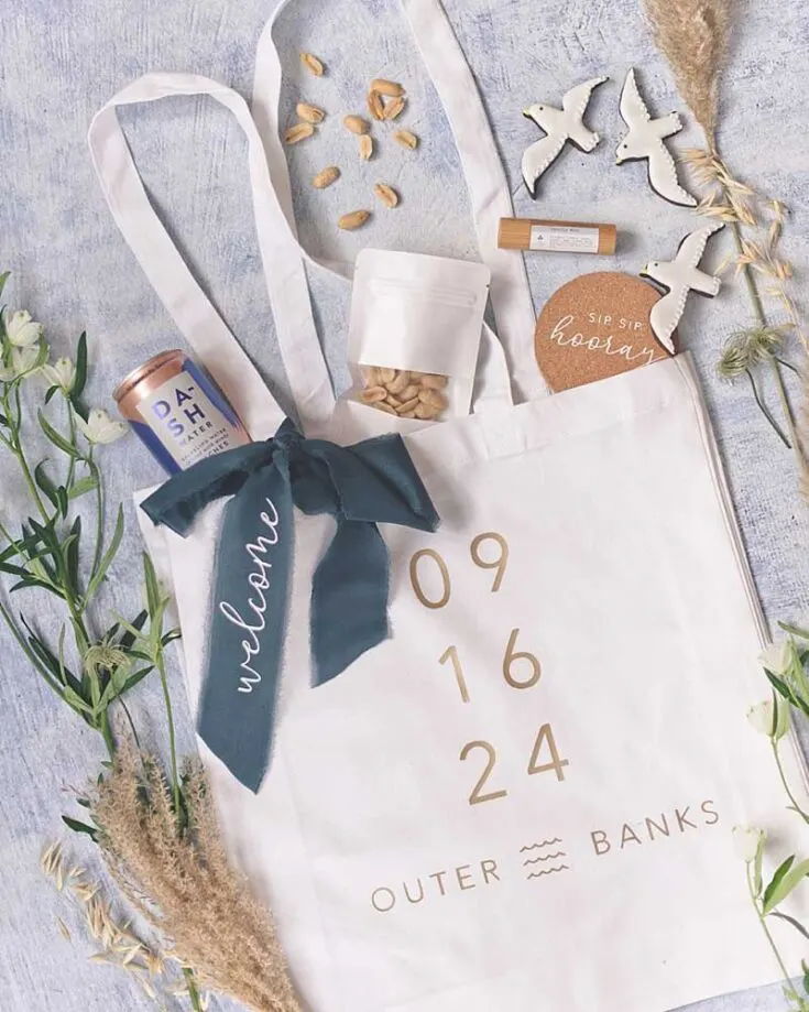 Make your guests feel extra special with a wedding tote bag! Personalize it with your wedding date and pack it with fun local treats, wedding day details, and refreshing canned drinks.