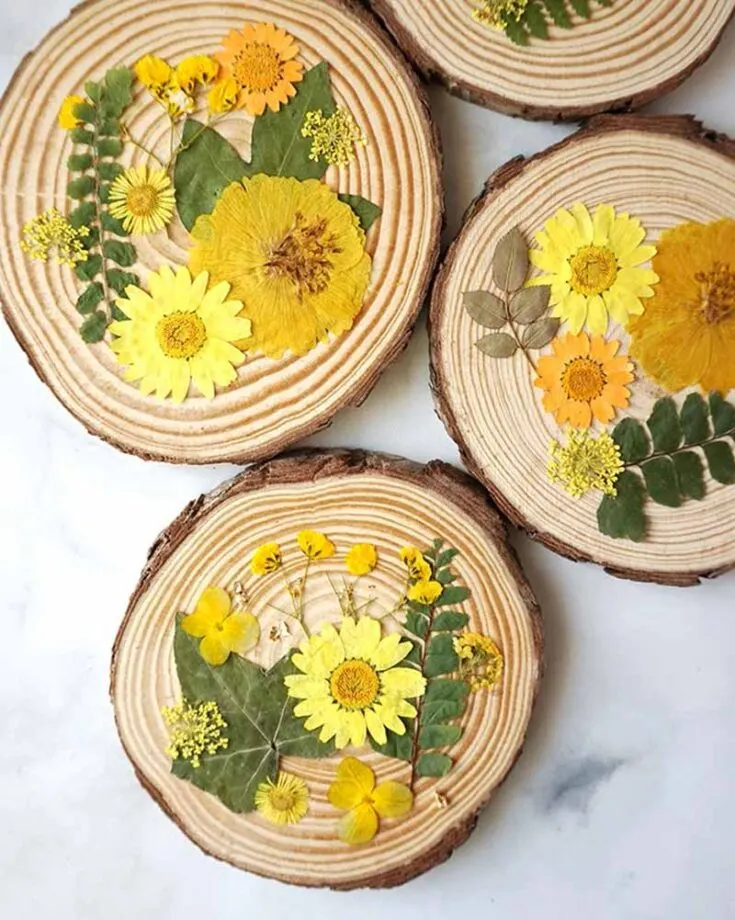 If you are a nature lover, you will love this coaster creation. With a handful of brightly colored wildflowers pressed and arranged on wood slices, this beautiful flowery collection of coasters adds a lovely touch to your decor. Remember to seal them with a layer of resin for durability.
