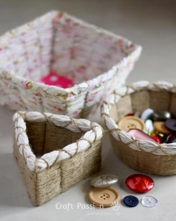 With this basket weaving method and concept, you can easily weave a basket into any shape and size to your liking. Gather twine, fabric and some cardboard from the dollar store and start crafting these cute little baskets suitable for storing bits and bobs.