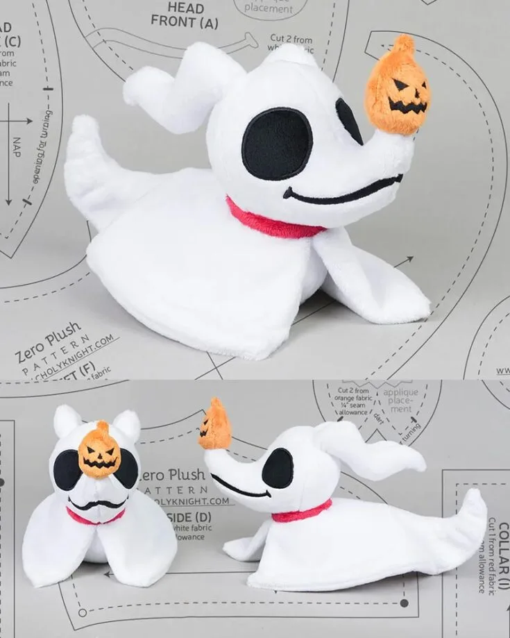 Zero is a friendly ghost dog from the movie "A Nightmare Before Christmas". He's adorable and loyal, dutifully guiding his owner, Jack Skellington, through the fog on Christmas Eve, his bright orange nose leading the way. Want a ghost dog friend of your own? Then give this sewing pattern a try!